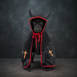 Costume da mantello del diavolo di Halloween per cani con corna e bordo rosso vivo