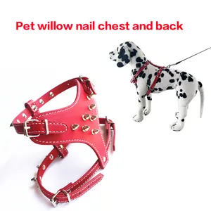 Detailed view of red PU leather dog harness with gold spikes and buckles