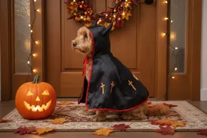 Cane che indossa una mantella da diavolo di Halloween con bordo rosso e croci dorate in scena