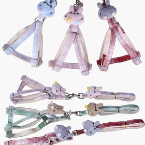Plaid pet harness and leash set with cute plush rabbit charms for small dogs