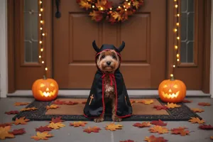 Primo piano di un piccolo cane che indossa un mantello nero di Halloween davanti a una porta