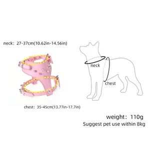 Detail chart showing measurements for pink spiked punk dog harness in PU leather
