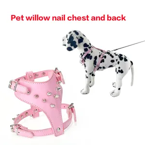 Detail view of a pink punk style studded dog harness made of durable PU leather
