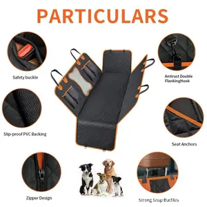 Detailed features of waterproof car pet seat cover including safety buckles and non-slip backing.