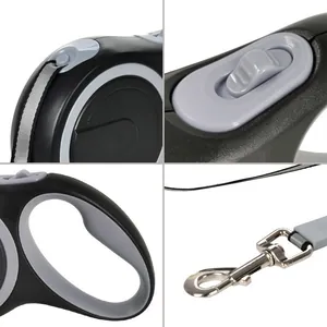 8m retractable dog leash collage showing handle lock button and metal hook details
