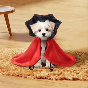 Vista dettagliata di un piccolo cane che indossa un mantello da vampiro rosso e nero per Halloween