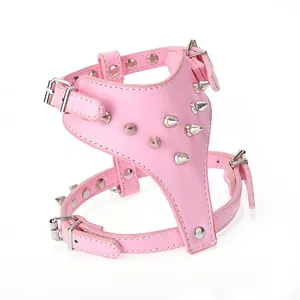 Pink spiked PU leather dog harness with punk style metal studs and adjustable buckles.