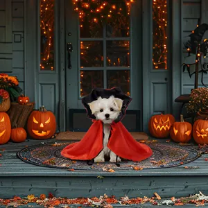 Mantello da vampiro rosso e nero per cani piccoli su sfondo festoso di Halloween.