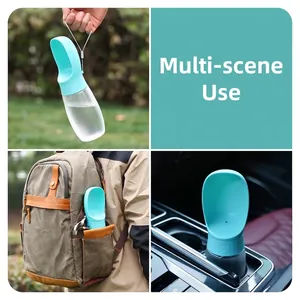 Gourde portable pour chiens et chats présentée dans divers scénarios extérieurs.