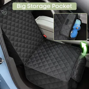 Waterproof black quilted pet car seat cover for front seat featuring a large storage pocket
