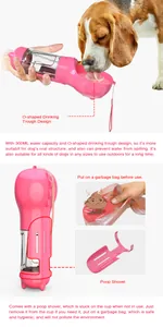 Detailansicht der rosa multifunktionalen Haustiertrinkflasche mit Poop-Schaufel.