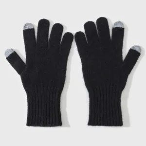 Dikke warme zwarte wollen gebreide winterhandschoenen met touchscreen vingertoppen