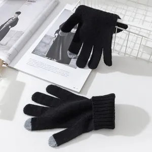 Dikke winter gebreide wollen handschoenen met touchscreen vingertoppen in zwart
