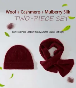 Detail view of soft silk-cashmere blend knitted hat and scarf set in burgundy red color.
