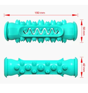 Detailed dimensions of turquoise spike dog chew toy showing 150mm length and 50mm width