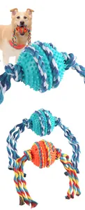 Detail view of durable dog rope ball toy with spiked rubber for teeth cleaning