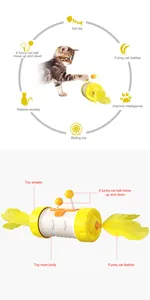 Detailed diagram of a yellow tumbler cat toy showing its features and interactive balls