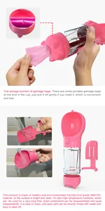 Details zur Aufbewahrung von Müllbeuteln und Reinigung der rosa Trinkflasche