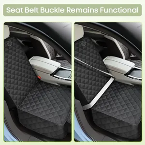 Waterproof pet car front seat cover showing functional seat belt buckle access