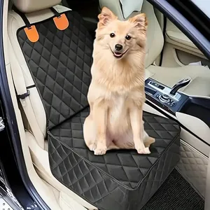 Black quilted waterproof pet car seat cover for front seat with a light brown dog