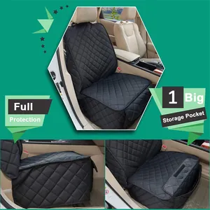 Detail of waterproof pet front seat cover with quilted pattern and storage pocket.