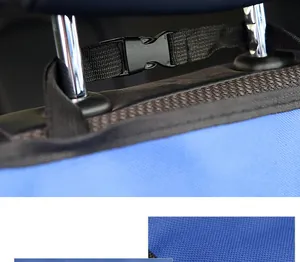 Détail de la sangle réglable et de la boucle du couvre-siège bleu pour animaux de compagnie