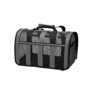 Portable grey and black breathable pet carrier bag for small cats and dogs travel
