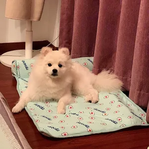 Close-up van een witte pluizige hond op een mintgroene verkoelende mat met avocadoprint