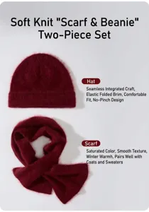 Detail view of the fuzzy burgundy knitted hat and scarf set with soft texture