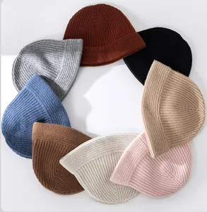 Collection of colorful thick pure wool ribbed knit bucket hats for winter warmth