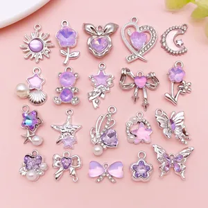 Lila Träumerische Strass Glas Herz Stern Schmetterling Blumen Anhänger Für DIY Schmuckherstellung Zinklegierung Künstliche Perlen