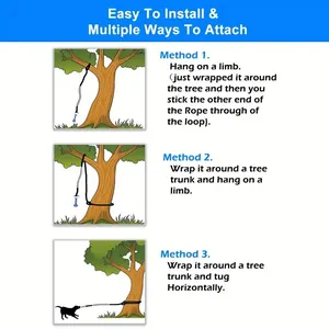 Guide illustré montrant 3 façons d'attacher le jouet de traction pour chien à un arbre