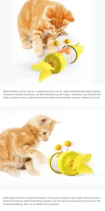 Detailed view showing a ginger kitten playing with a tumbler cat toy and feathers.