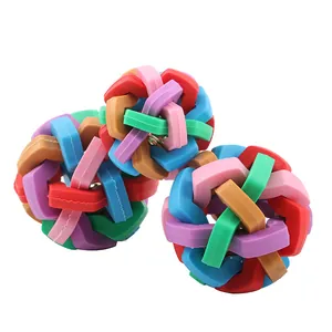 Colorful woven TPR dog chew ball toy with interactive bell for pets, durable molar toy