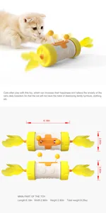 Detailed view of cat toy dimensions and usage instructions with yellow feather details.