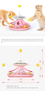 Multifunctional pink cat tumbler toy showing product dimensions and usage scene details