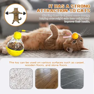Interactief voerspeeltje voor katten op tapijt, hout en steen voor gezond speelplezier.