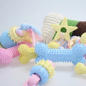 Durable TPR Rubber Dog Chew Toy With Braided Cotton Rope Tail For Teeth Cleaning Interactive Puppy Molar Training Pet Supplies Toy