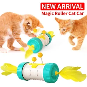 Interactive tumbler cat toy with yellow feathers and rolling wheels for active kittens