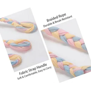 Colorful braided cotton fabric dog toy rope with soft pastel strips for pet play