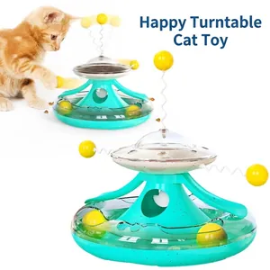 Teal tumbler cat track toy with yellow balls and food dispenser
