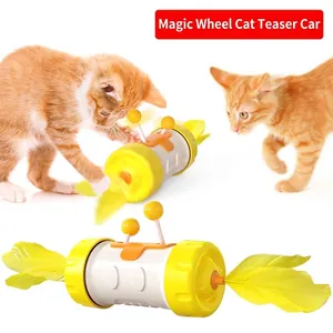 Interactive cat tumbler toy featuring bright yellow feathers and dual spring balls