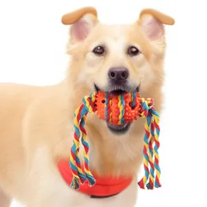 Durable dog chew toy rope ball with spikes for dental cleaning