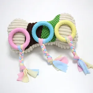 Durable colorful TPR dog chew toy set with braided cotton fabric tails for pet teething