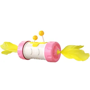 Interactive cat tumbler toy with bright yellow feathers and spring balance balls.