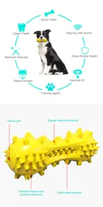 Détails du jouet sonore jaune pour chien montrant les picots et le canal de nettoyage