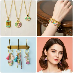 Detailed view of traditional Chinese style enamel charms on necklace, bracelet, and earrings.