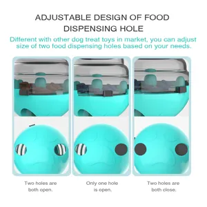 Détail des orifices de distribution réglables sur le jouet distributeur de friandises bleu
