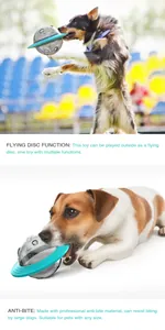 Vue détaillée du jouet pour chien OVNI anti-morsure servant de frisbee et distributeur.