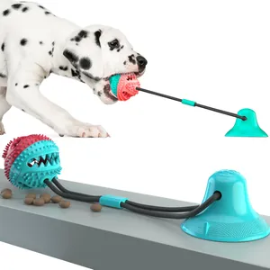 Detail view of a turquoise dog toy with suction cup and treat dispensing ball.